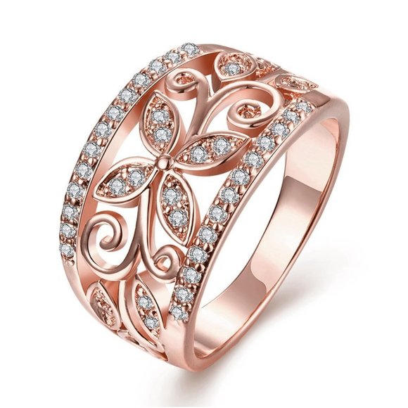 ✨ Hollow Crystal Luxury Rose Gold Vintage Flower Ring for Women, VIP050 - Picture 1 of 3